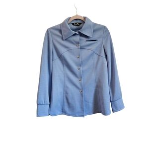 Vintage 70s shirt jacket blue size XS S double knit polyester contrast seam
